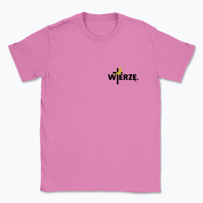 Koszulka Unisex „WIERZĘ.” – krzyż i gołębica Ducha Świętego