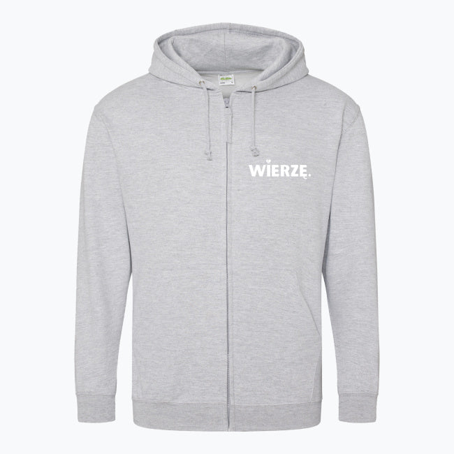 Zapinana bluza z kapturem Unisex „WIERZĘ.” – z sercem