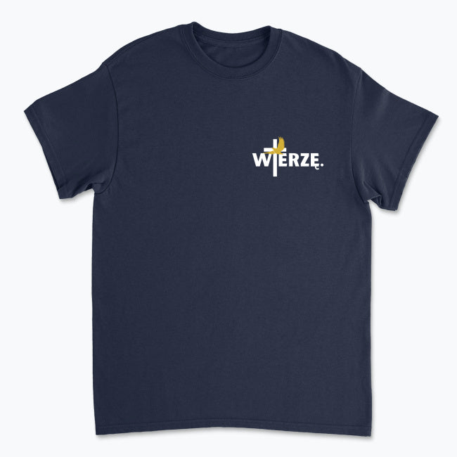 Męska koszulka „WIERZĘ.” – Krzyż i Gołębica