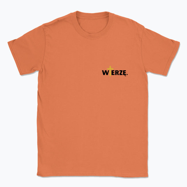 Koszulka Unisex „WIERZĘ.” – z krzyżem w kolorze złota