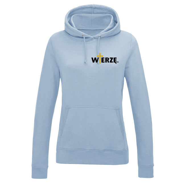 Damska bluza z kapturem „WIERZĘ.” – złoty krzyż