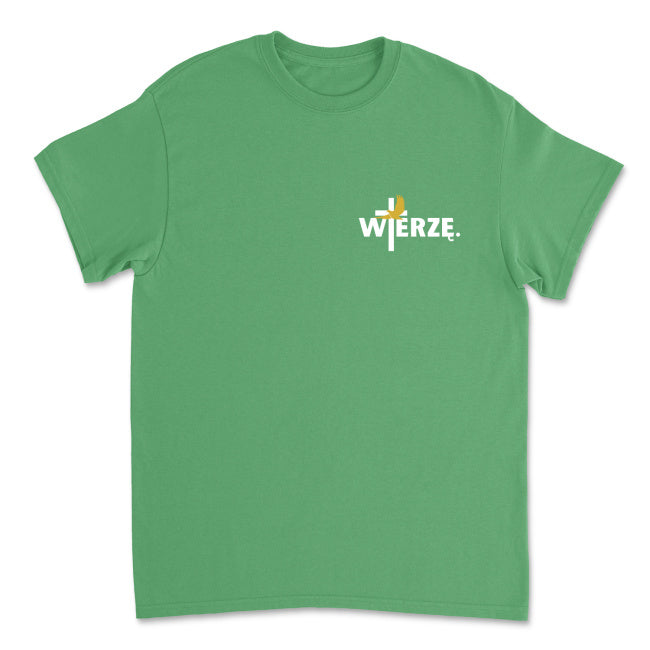 Męska koszulka „WIERZĘ.” – Krzyż i Gołębica