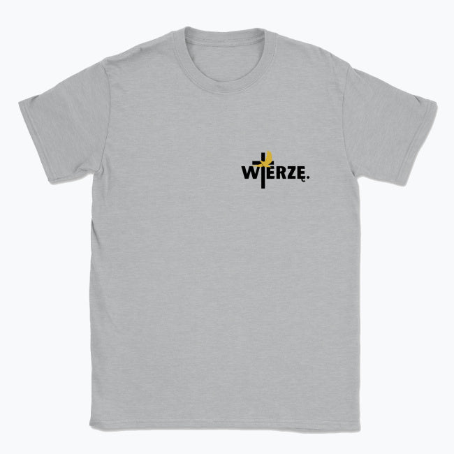 Koszulka Unisex „WIERZĘ.” – krzyż i gołębica Ducha Świętego