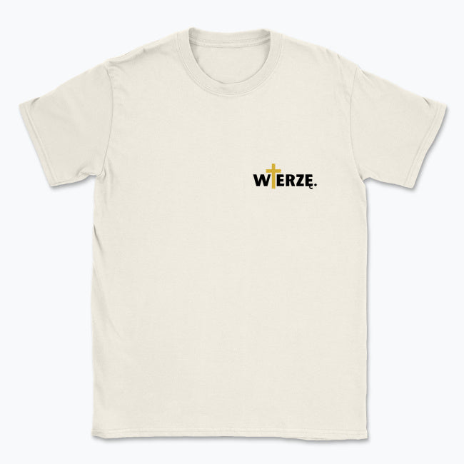 Koszulka Unisex „WIERZĘ.” – z krzyżem w kolorze złota