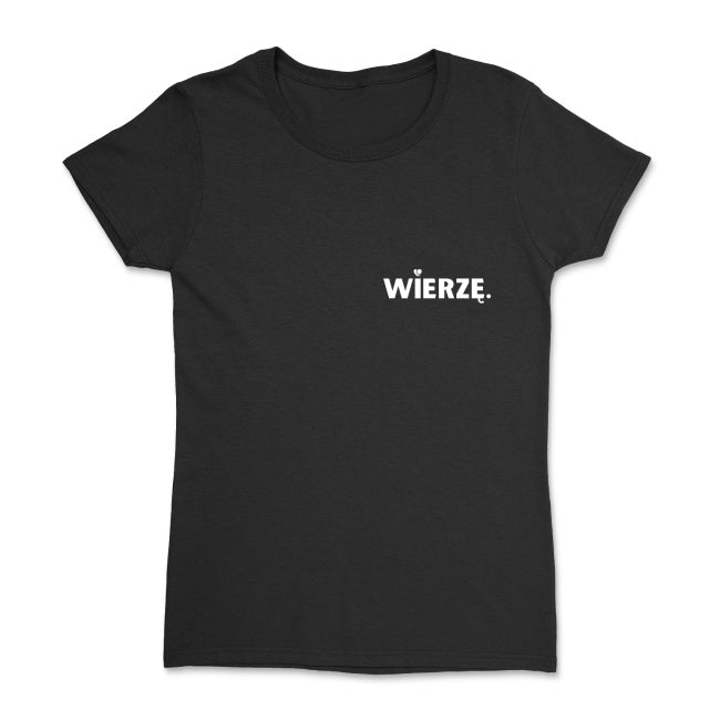 Damska koszulka „WIERZĘ.” – z sercem