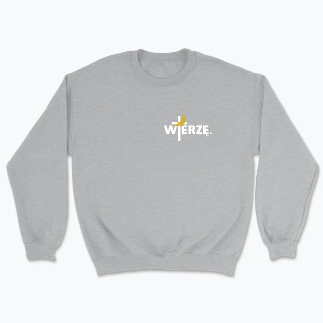 Bluza Unisex bez kaptura „WIERZĘ.” – Duch Święty i krzyż