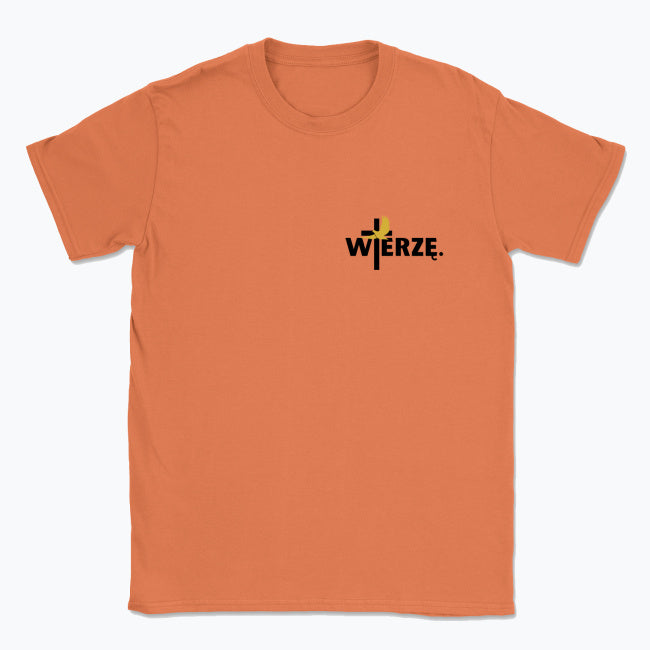 Koszulka Unisex „WIERZĘ.” – krzyż i gołębica Ducha Świętego