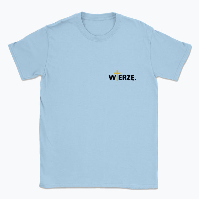 Koszulka Unisex „WIERZĘ.” – z krzyżem w kolorze złota