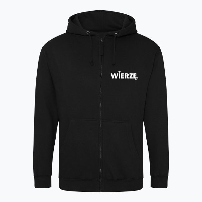 Zapinana bluza z kapturem Unisex „WIERZĘ.” – z sercem