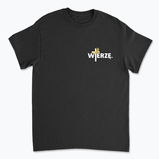 Męska koszulka „WIERZĘ.” – Krzyż i Gołębica