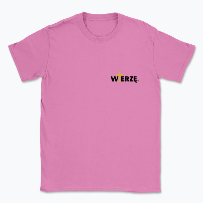 Koszulka Unisex „WIERZĘ.” – z krzyżem w kolorze złota