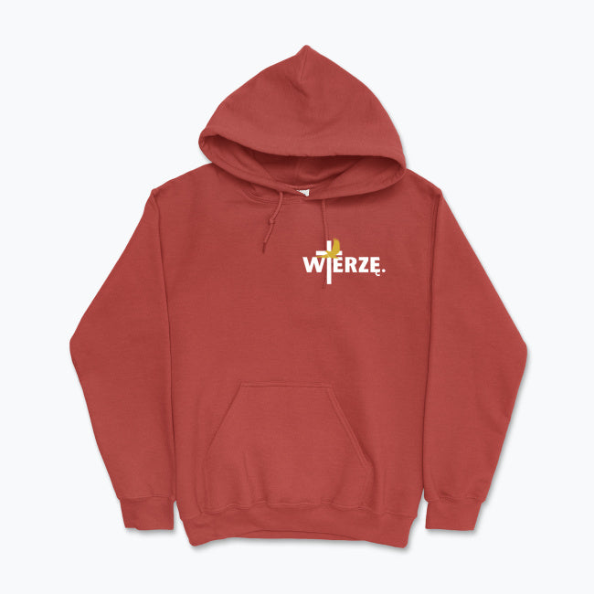 Bluza z kapturem Unisex „WIERZĘ.” – krzyż i Duch Święty