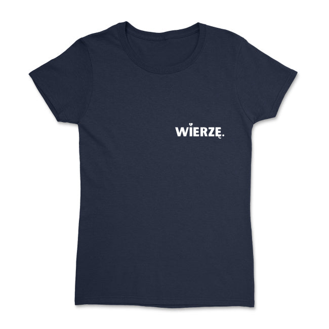 Damska koszulka „WIERZĘ.” – z sercem