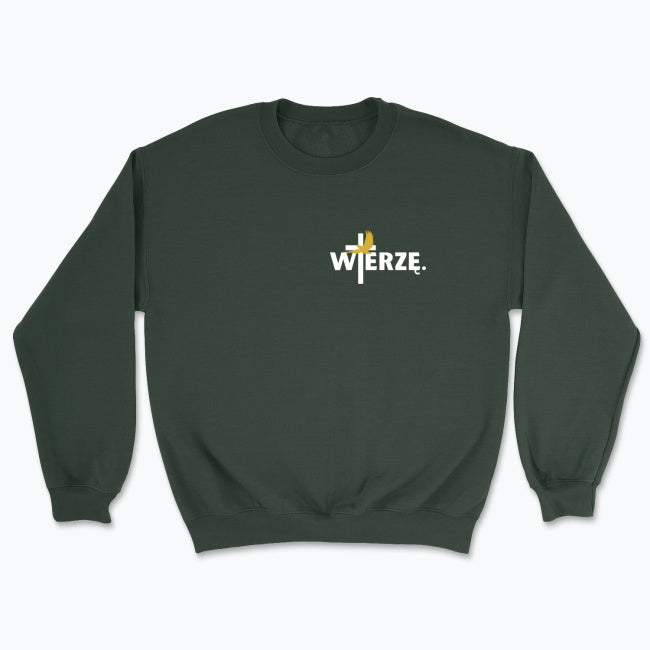 Bluza Unisex bez kaptura „WIERZĘ.” – Duch Święty i krzyż