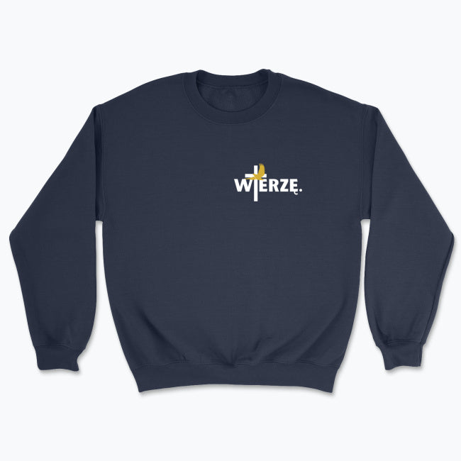 Bluza Unisex bez kaptura „WIERZĘ.” – Duch Święty i krzyż