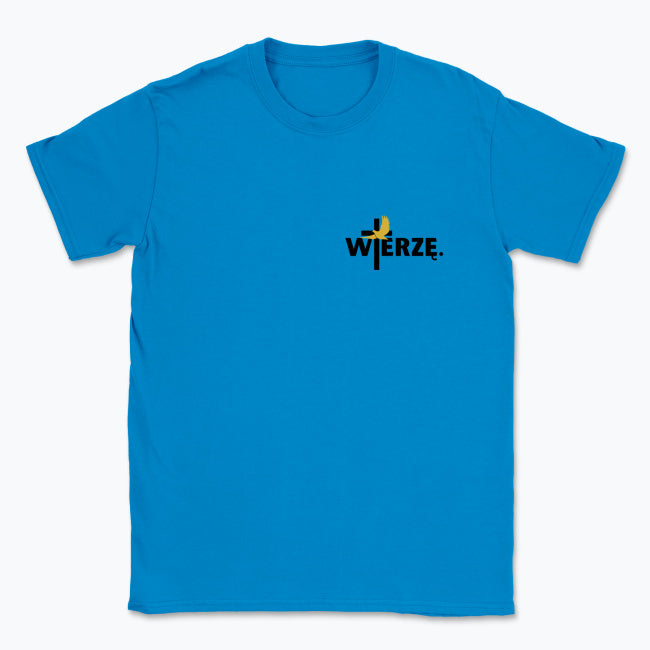 Koszulka Unisex „WIERZĘ.” – krzyż i gołębica Ducha Świętego