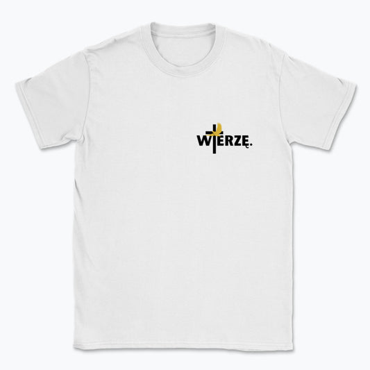 Koszulka Unisex „WIERZĘ.” – krzyż i gołębica Ducha Świętego