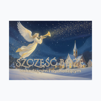 „Szczęść Boże wchodzącym i wychodzącym” – wycieraczka z aniołem nad zimowym miasteczkiem