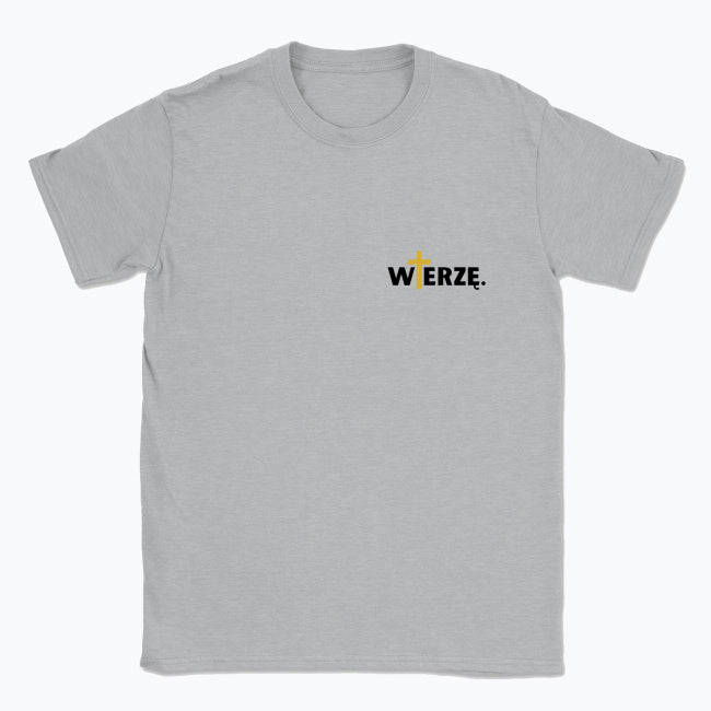 Koszulka Unisex „WIERZĘ.” – z krzyżem w kolorze złota