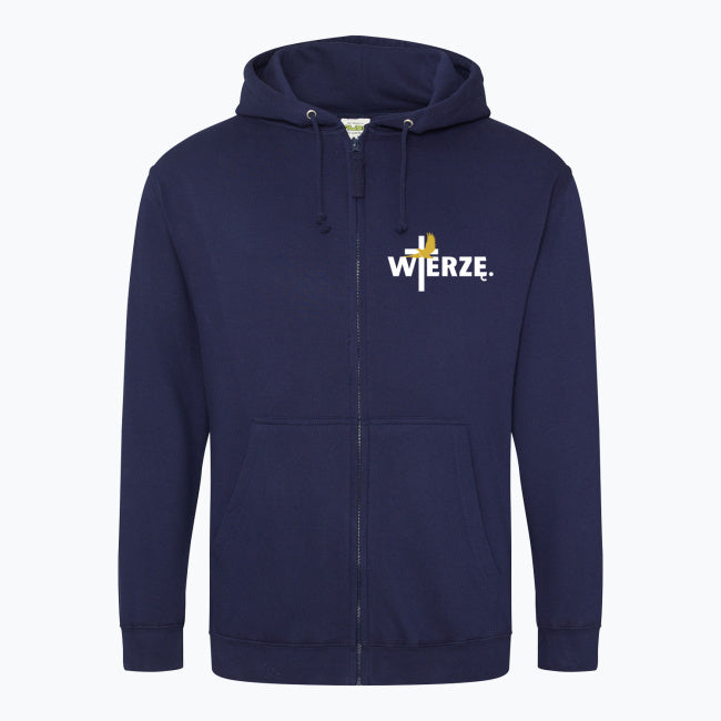 Zapinana bluza z kapturem Unisex „WIERZĘ.” – Duch Święty i krzyż