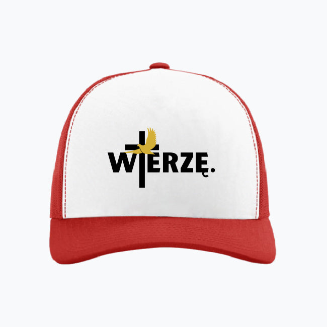Czapka z daszkiem „WIERZĘ.” z krzyżem i gołębicą