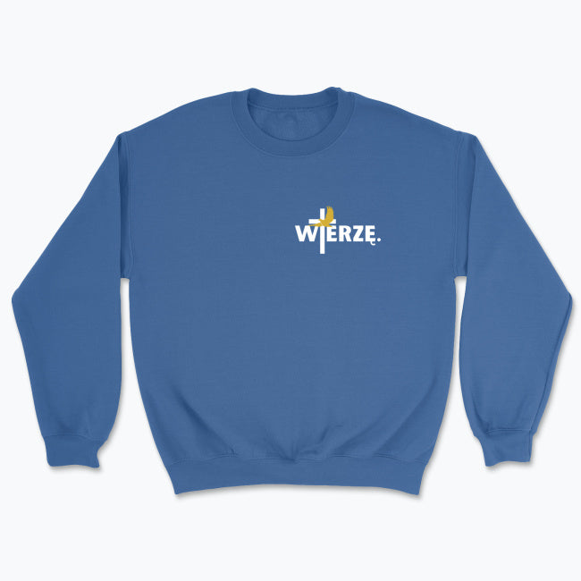 Bluza Unisex bez kaptura „WIERZĘ.” – Duch Święty i krzyż
