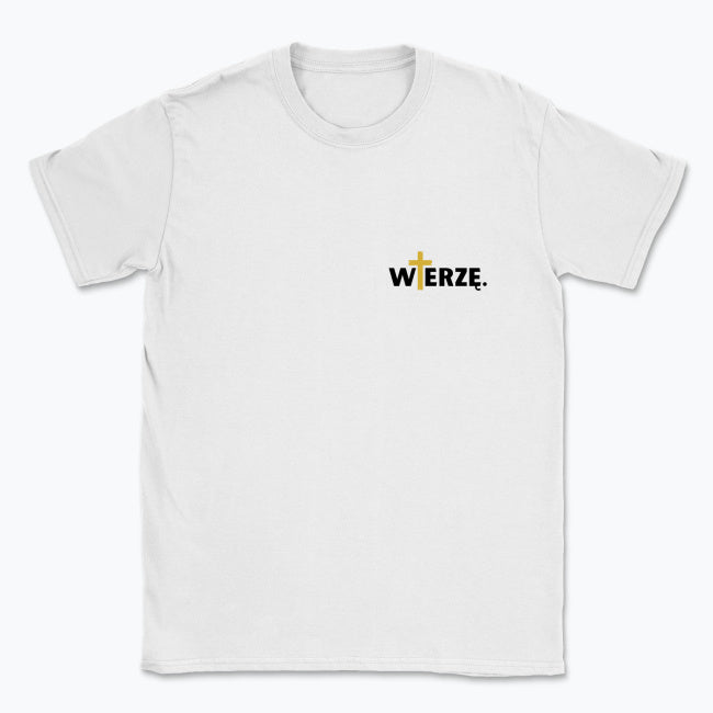 Koszulka Unisex „WIERZĘ.” – z krzyżem w kolorze złota