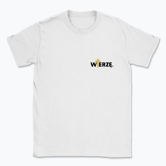 Koszulka Unisex „WIERZĘ.” – z krzyżem w kolorze złota