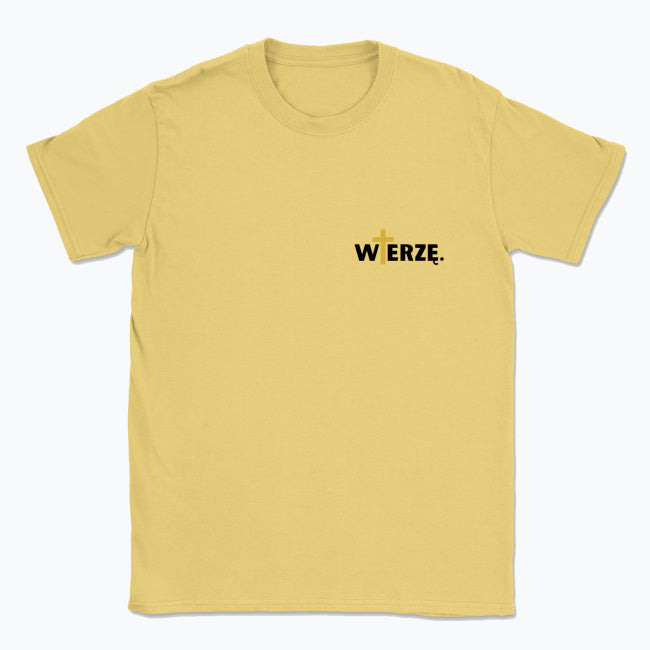 Koszulka Unisex „WIERZĘ.” – z krzyżem w kolorze złota