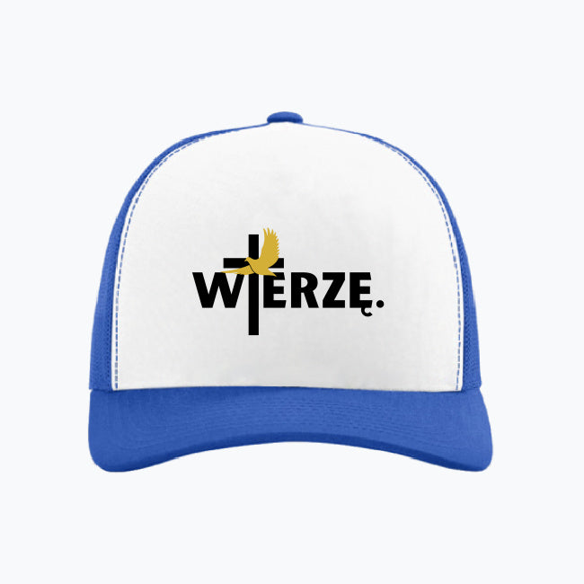 Czapka z daszkiem „WIERZĘ.” z krzyżem i gołębicą