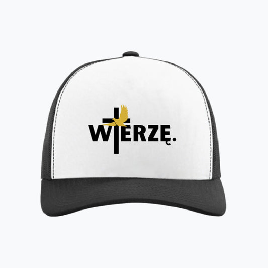 Czapka z daszkiem „WIERZĘ.” z krzyżem i gołębicą