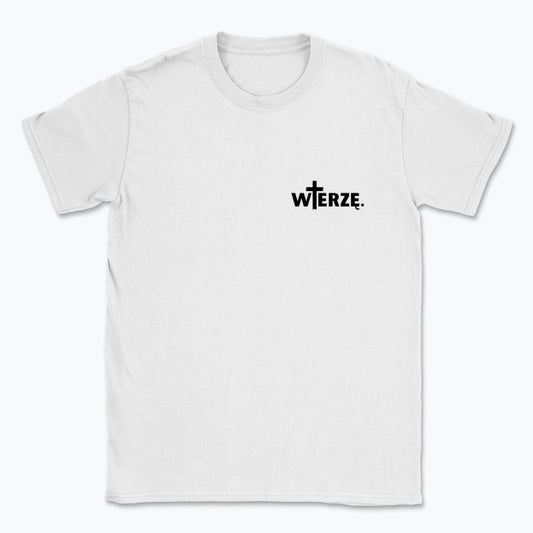 Koszulka Unisex „WIERZĘ.” – z krzyżem jako centrum