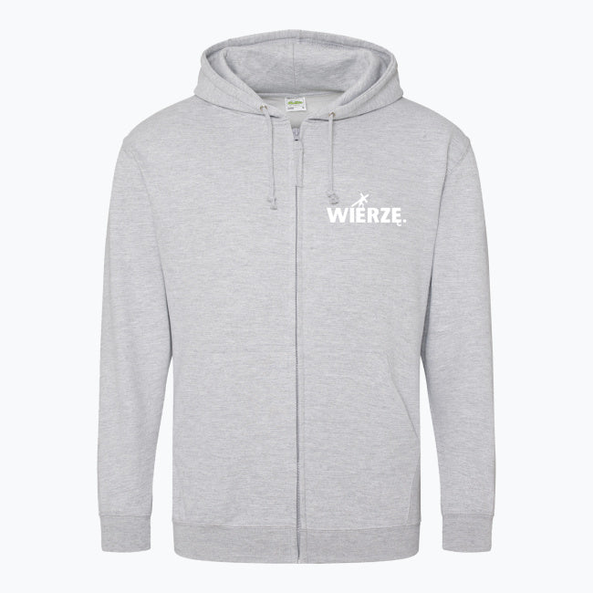 Zapinana bluza z kapturem Unisex „WIERZĘ.” – Jezus z krzyżem