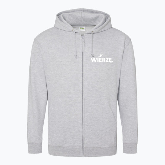 Zapinana bluza z kapturem Unisex „WIERZĘ.” – Jezus z krzyżem
