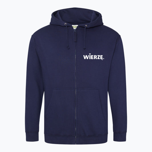Zapinana bluza z kapturem Unisex „WIERZĘ.” – z sercem