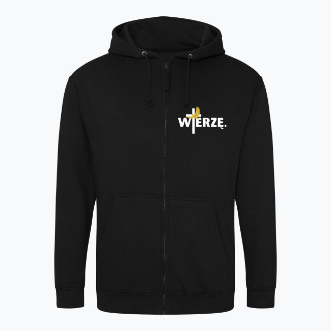 Zapinana bluza z kapturem Unisex „WIERZĘ.” – Duch Święty i krzyż