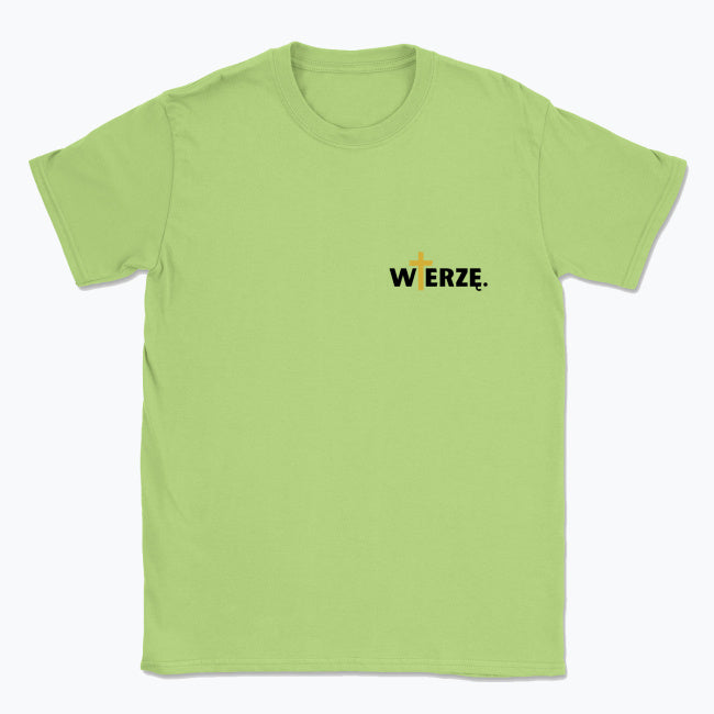Koszulka Unisex „WIERZĘ.” – z krzyżem w kolorze złota