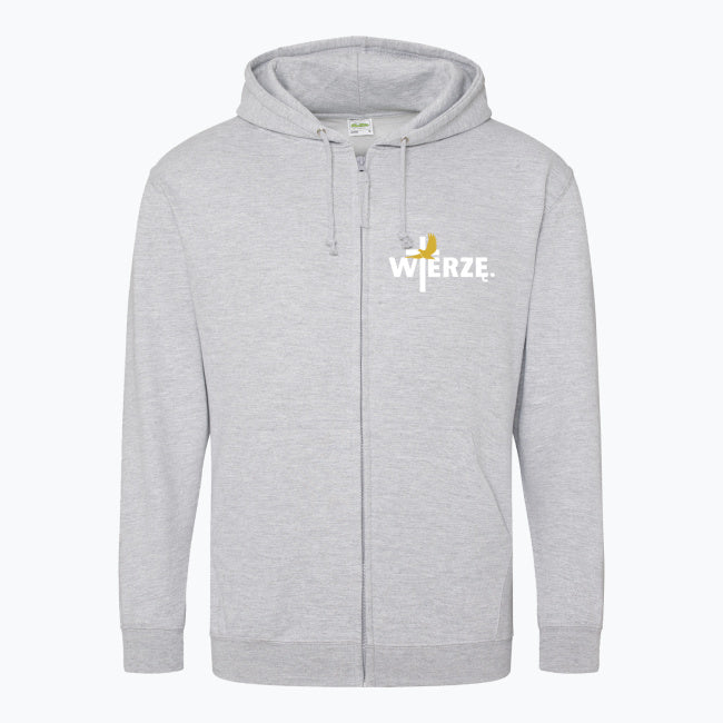 Zapinana bluza z kapturem Unisex „WIERZĘ.” – Duch Święty i krzyż